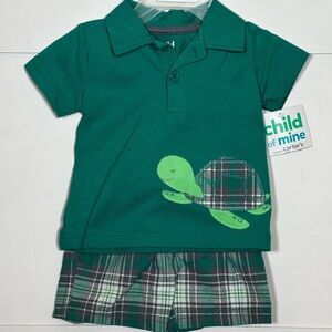NWT Carter's Baby Plaid Turtle Polo Shirt and Shorts Set Size 3-6M